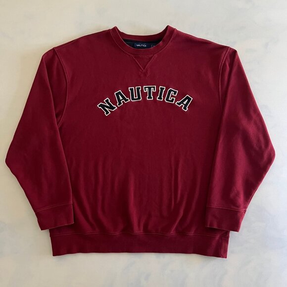 Nautica Red Fleece Crewneck Deck Sweater - Picture 1 of 8